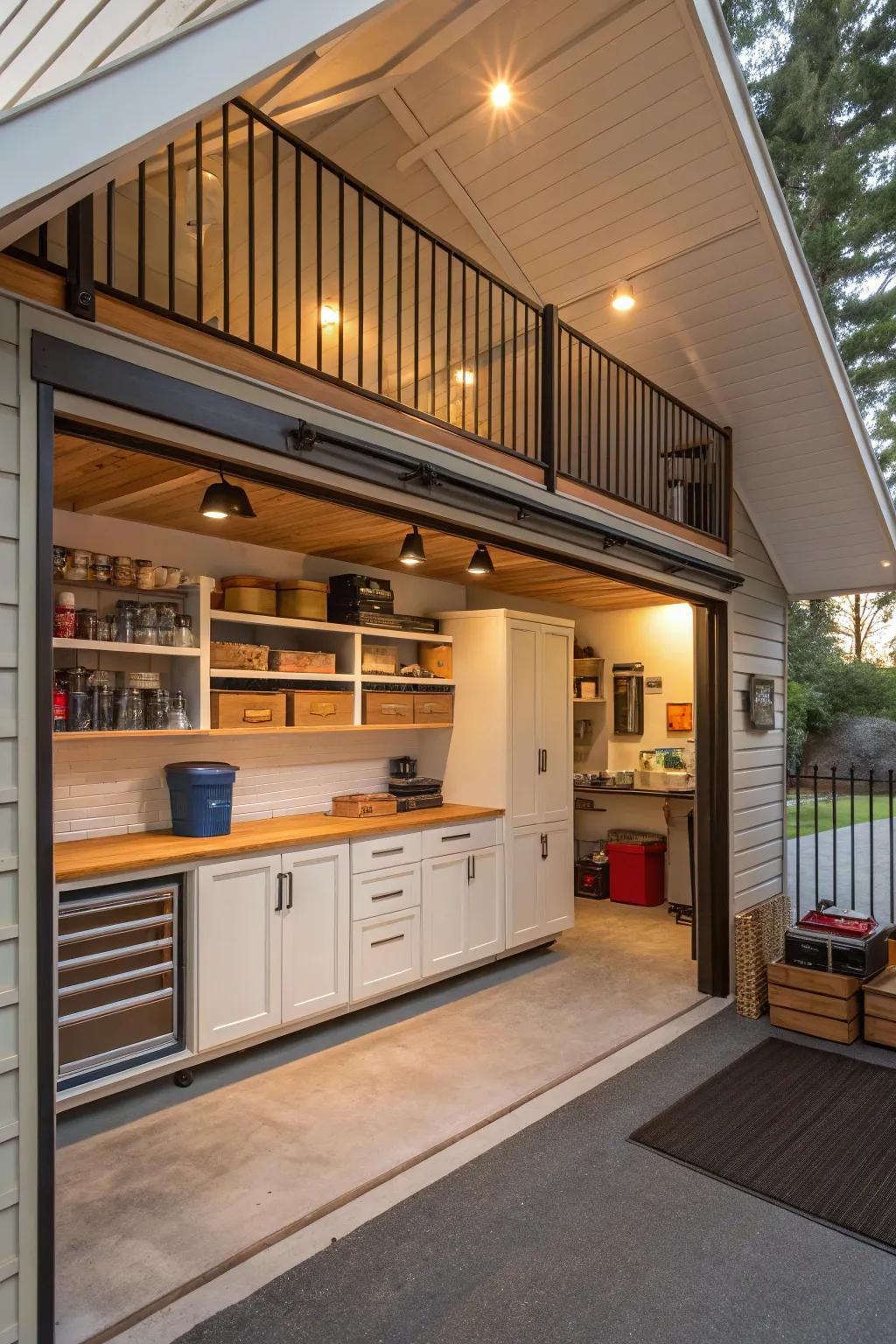 An inventive loft area appends functionality above the garage.