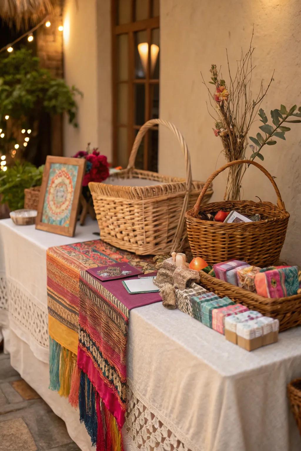 Achieve a boho vibe with woven baskets and textiles on your gift table.