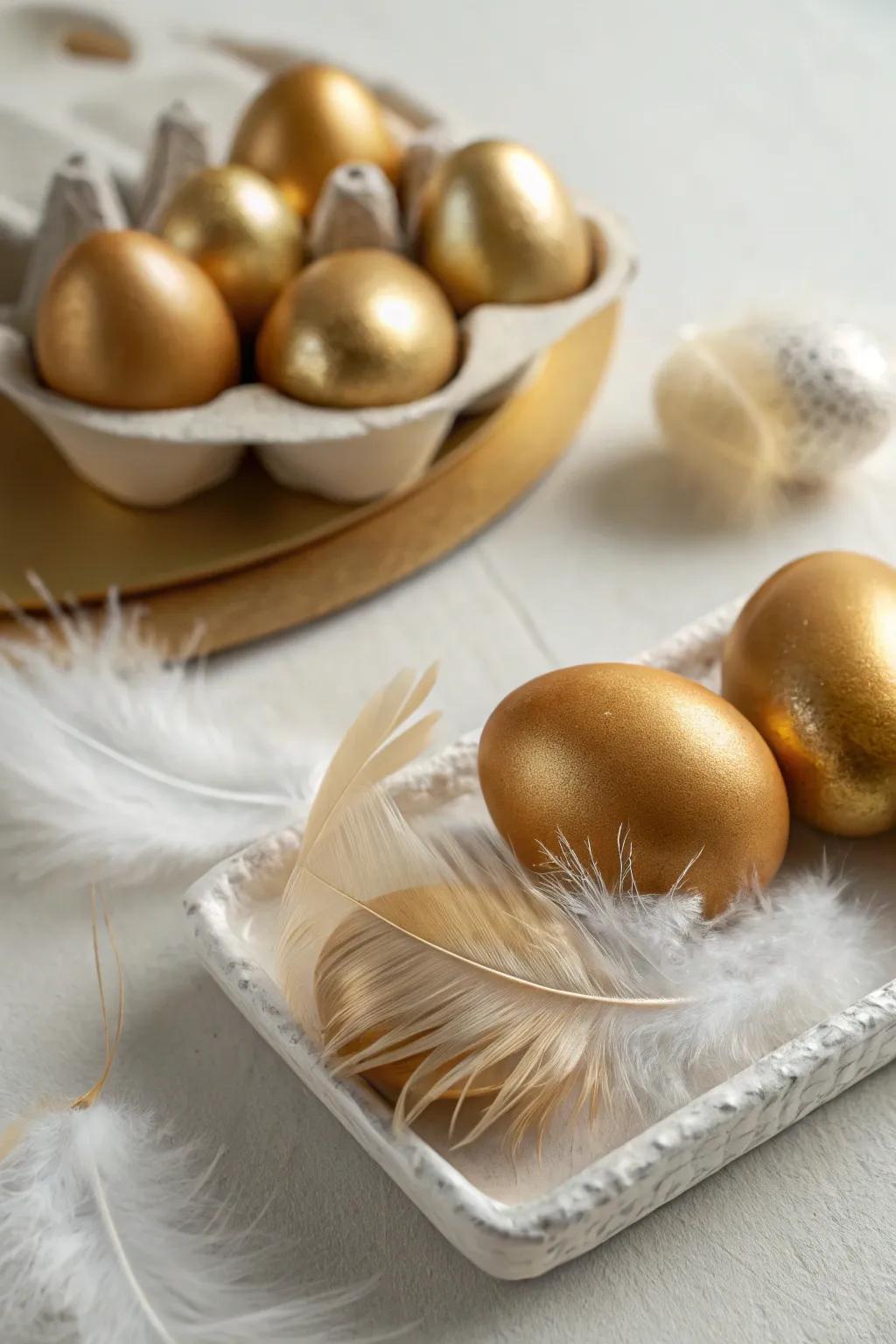 Plume-adorned gilded eggs fashion a whimsical, ethereal vibe.