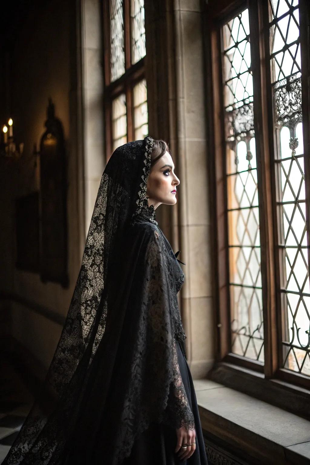 A Gothic bride featuring a dramatic black lace covering and cape.