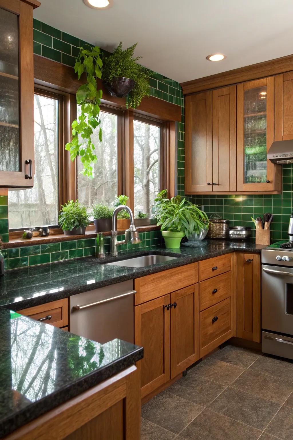 Mixing materials for a vibrant and balanced green kitchen.