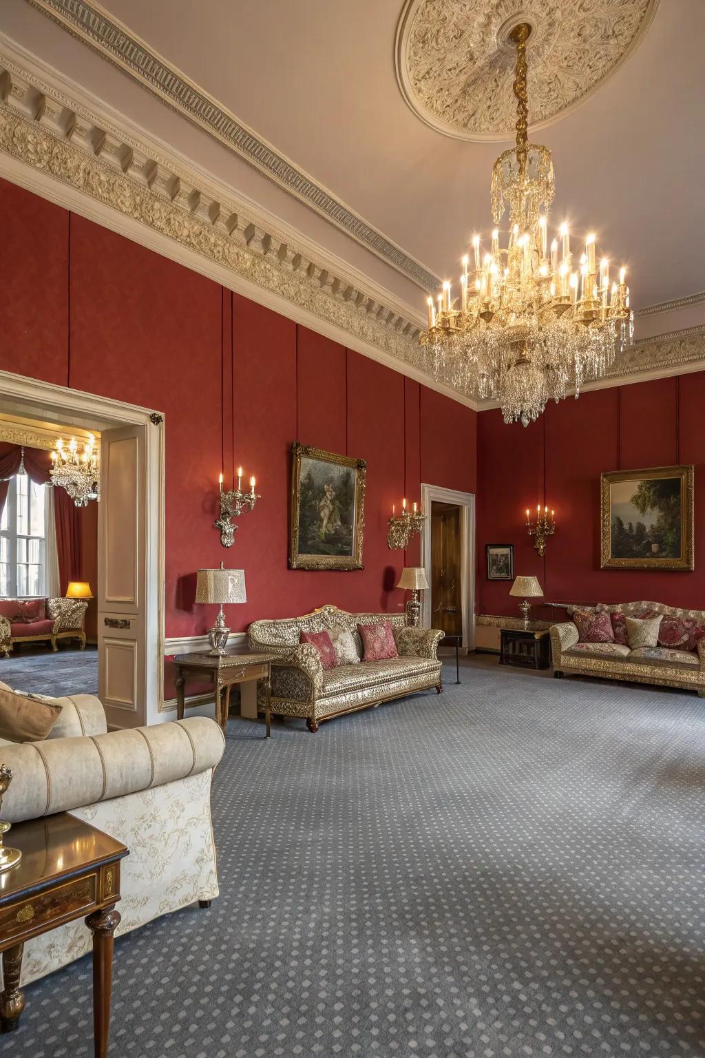 Crimson walls create a striking, luxurious contrast with gray carpets.
