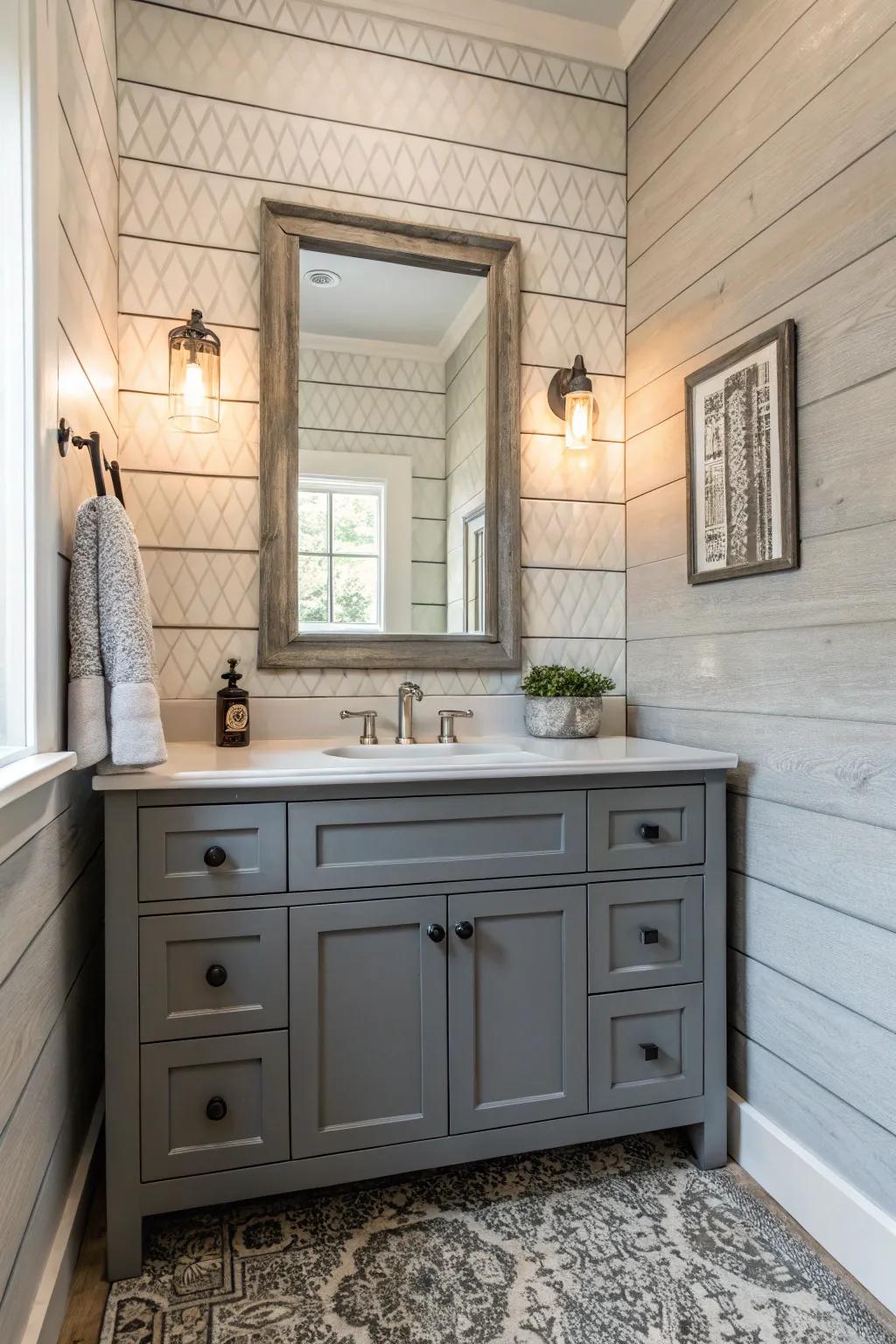 Textured walls add depth and complement the grey vanity beautifully.