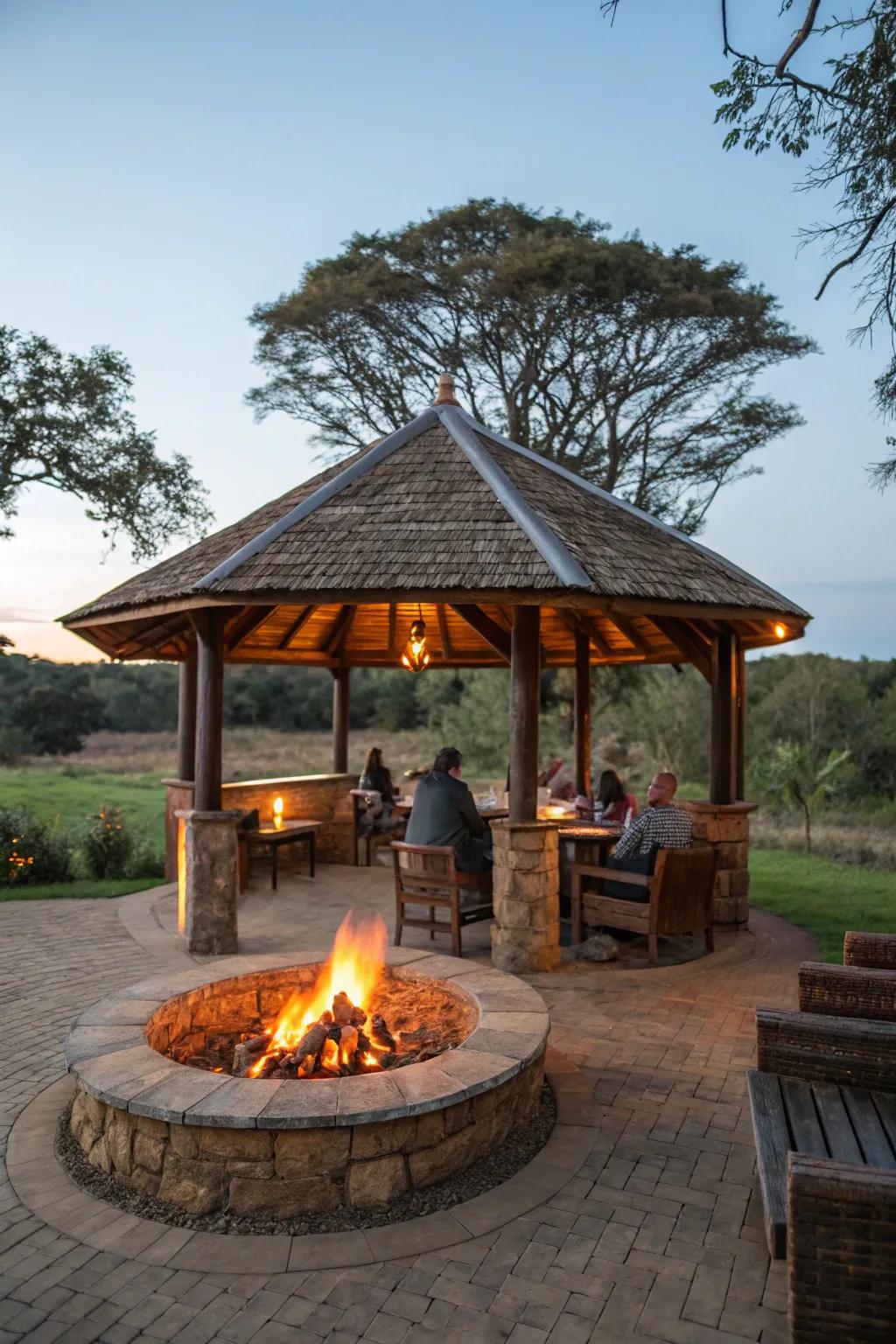 A grill hut showcasing a fire pit for warmth and social interactions.