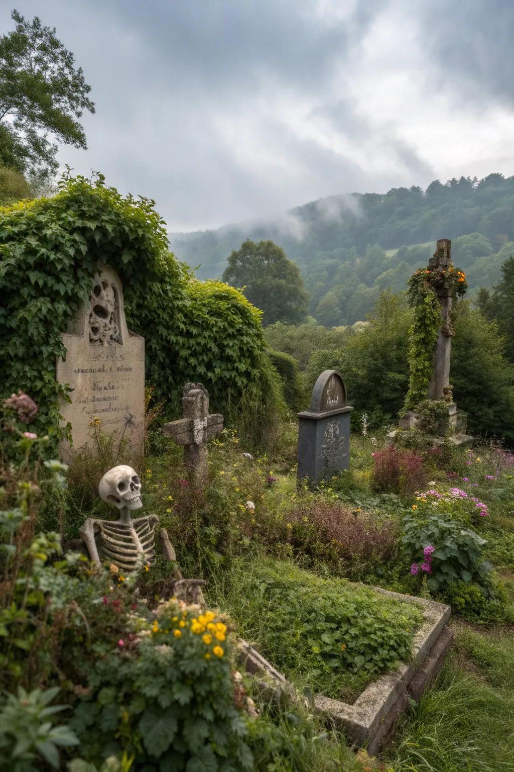 Transmute your garden into a graveyard through skeletons and headstones.