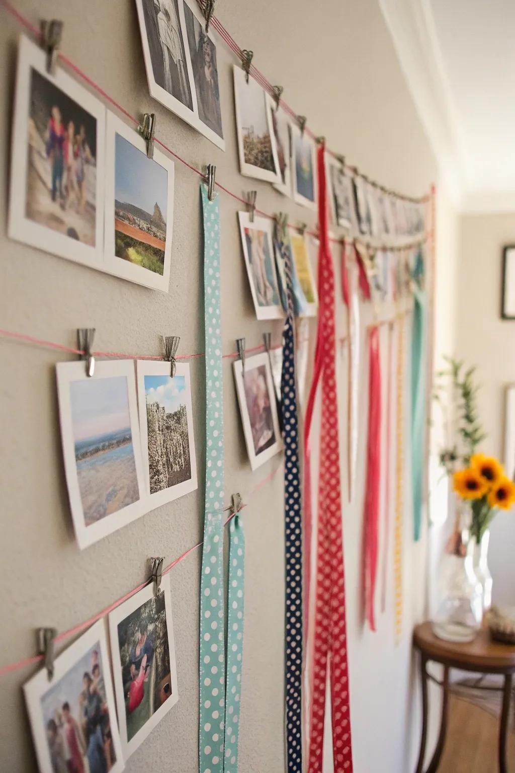 A whimsical and eclectic picture display using a mix of ribbons.