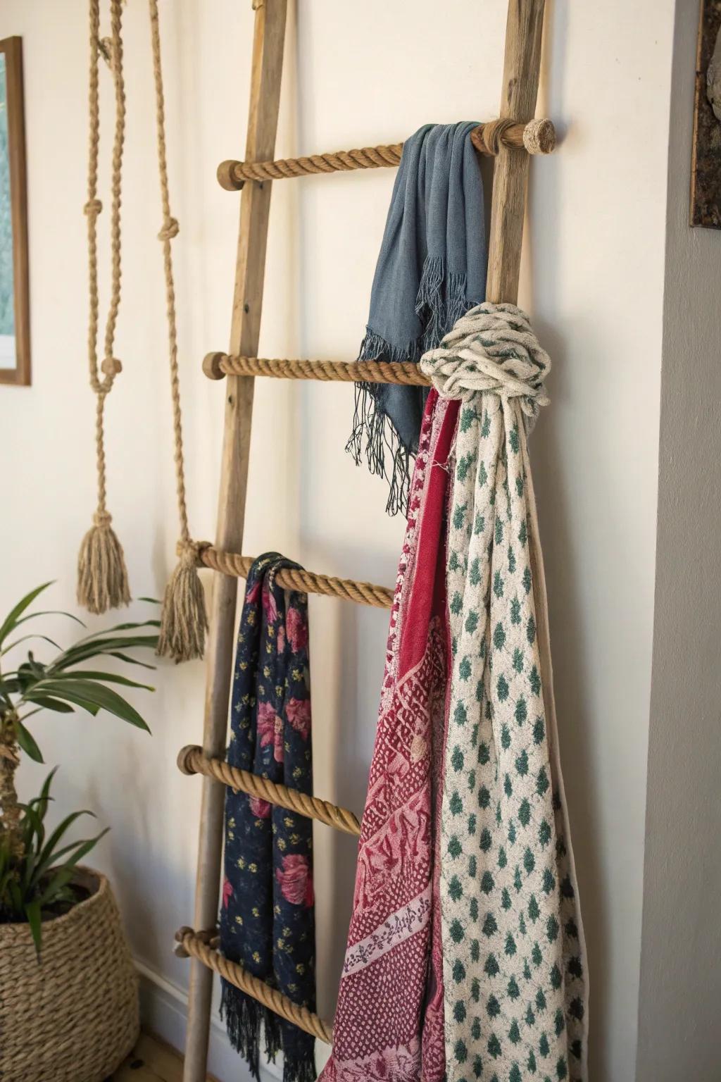A DIY rope ladder presents a creative and enjoyable way to store scarves.