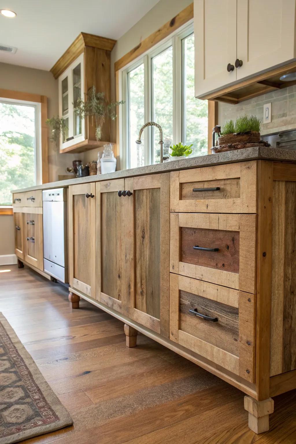 Reclaimed materials infuse annals and character into cabinet supports.
