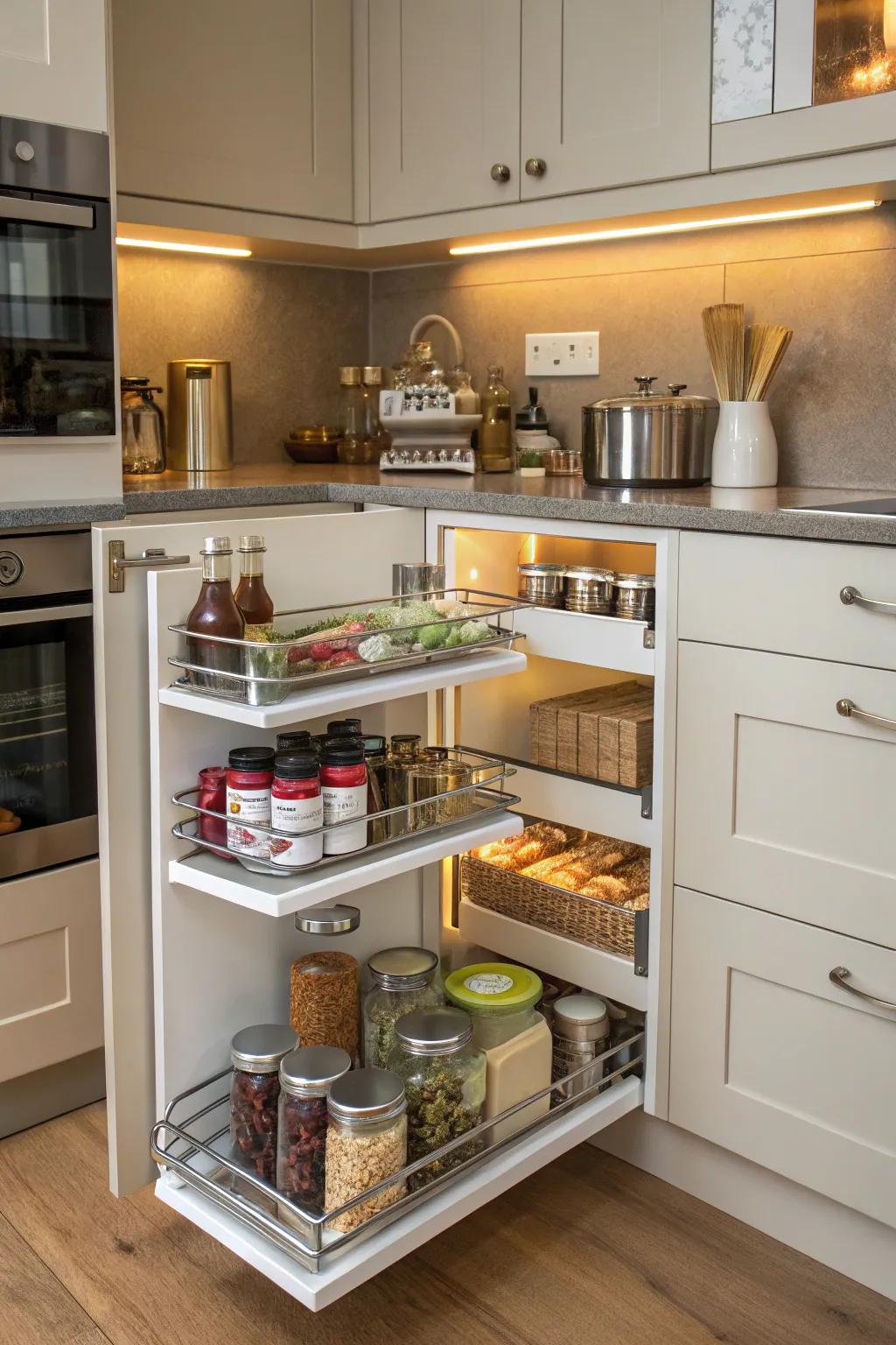 Magical corner units convert dead space into functional storage.