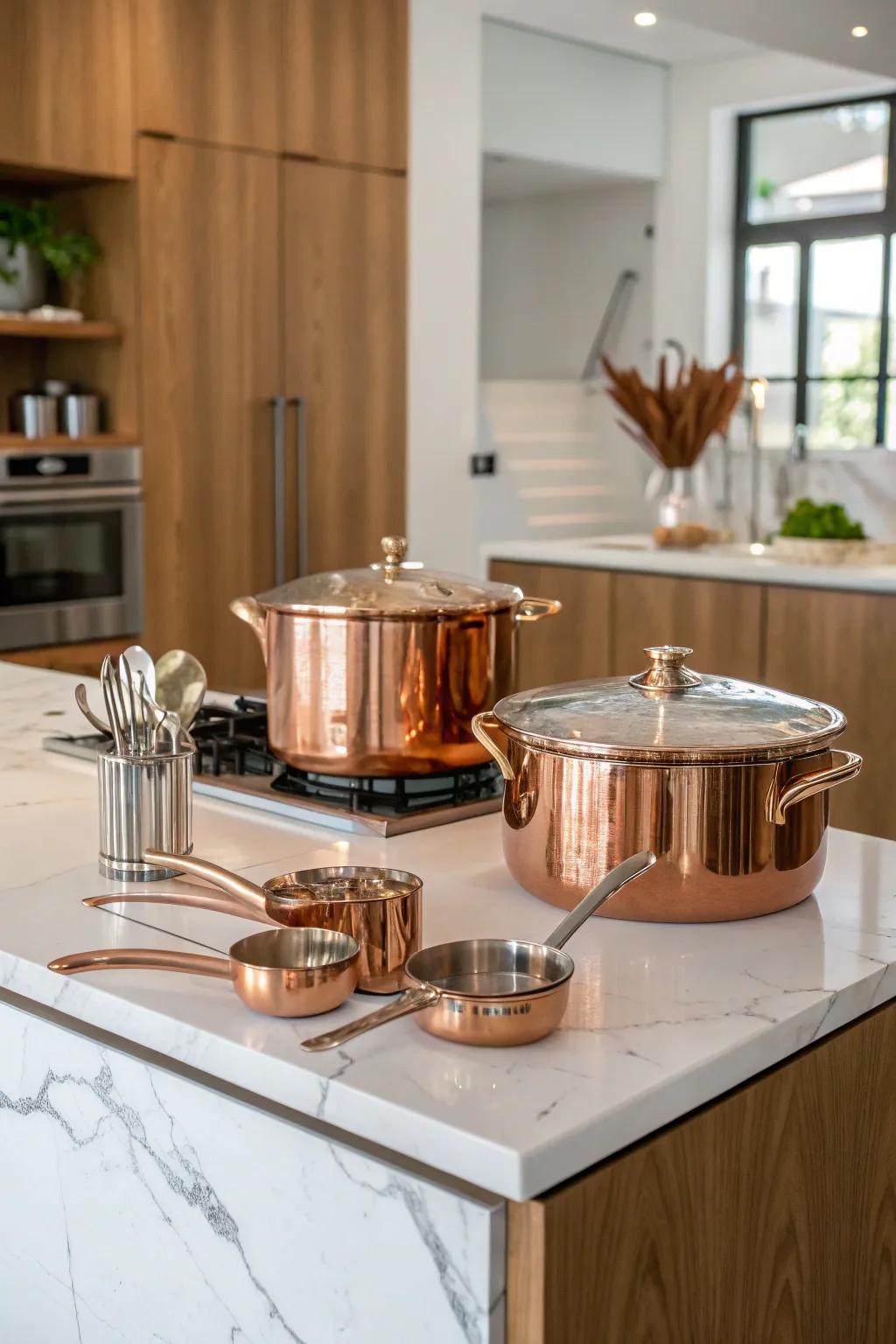 Cookware displayed as decor enhances both utility and style.
