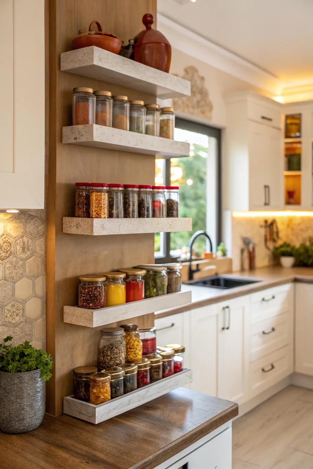 Corner shelves make efficient use of kitchen space.