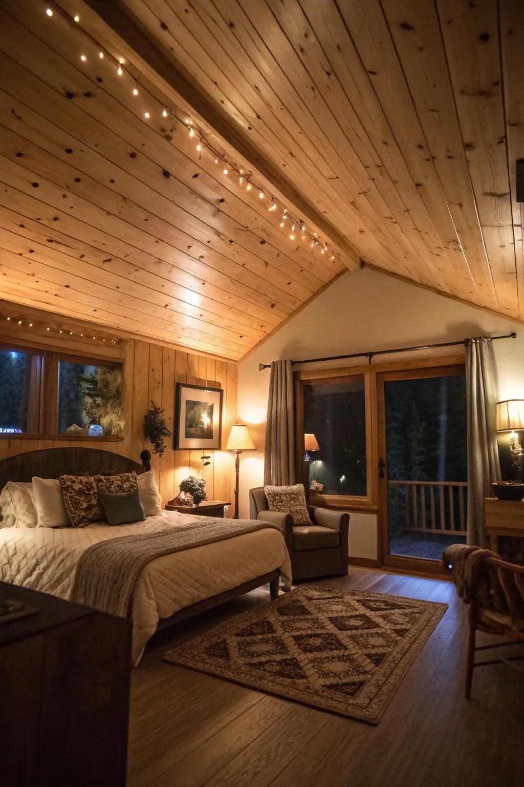 A cozy room where subtle lighting elevates the rough-sawn fir ceiling.