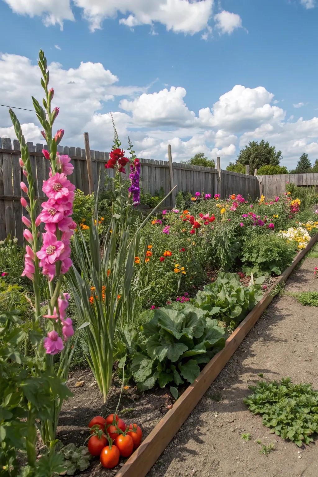 Gladiolus bring ornamental beauty to vegetable gardens.