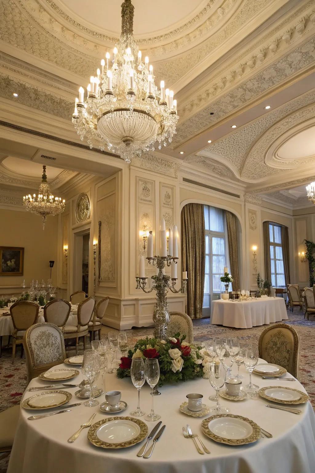 An elegant dining space featuring broad crown molding, enhancing the dining experience.