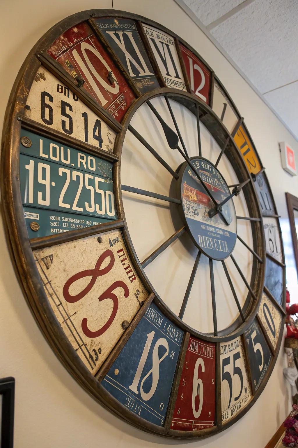 A license plate wall clock adds functionality and nostalgia to any room.