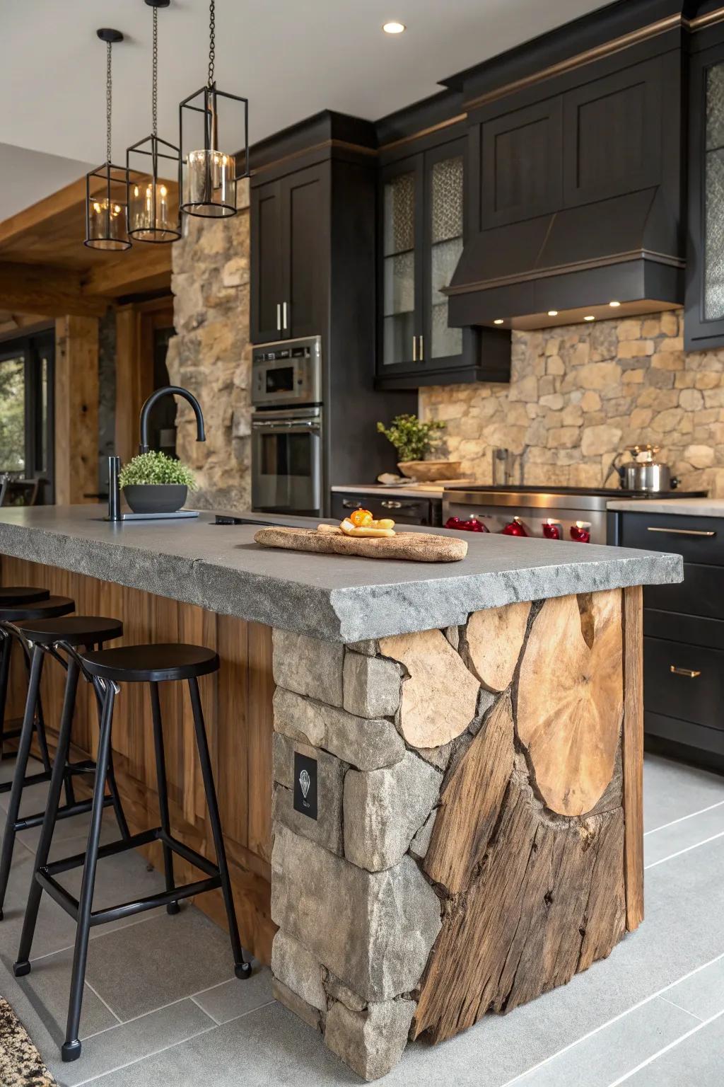 A kitchen showcasing a striking mix of materials with a raw edge countertop.