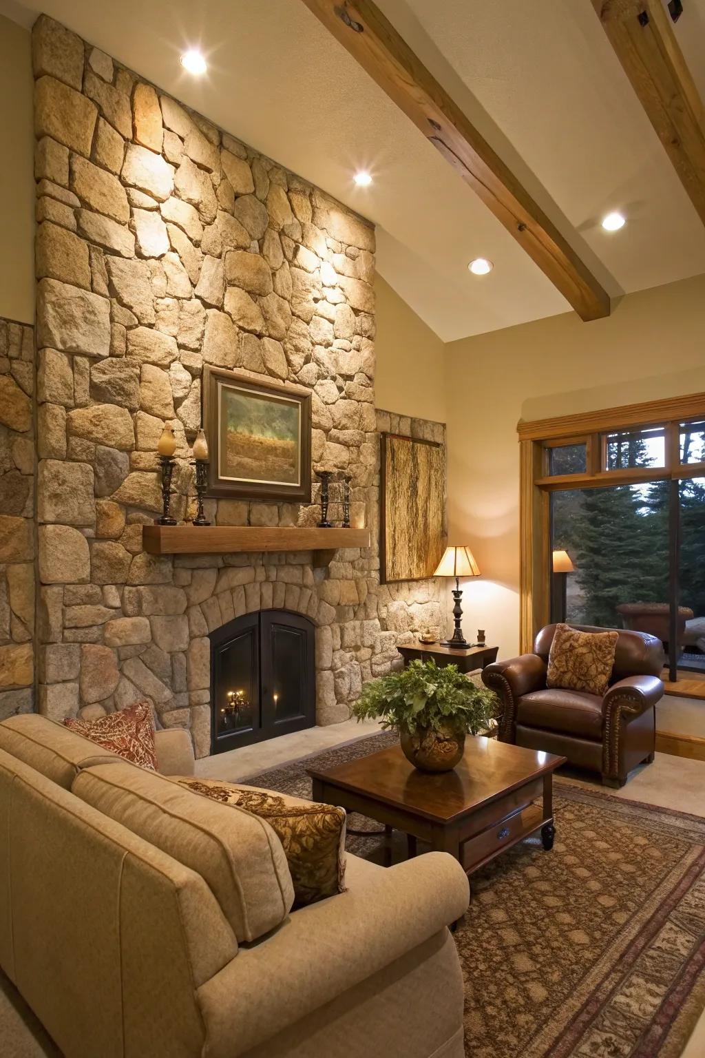 A stone accent wall lends timeless beauty and texture to this space.