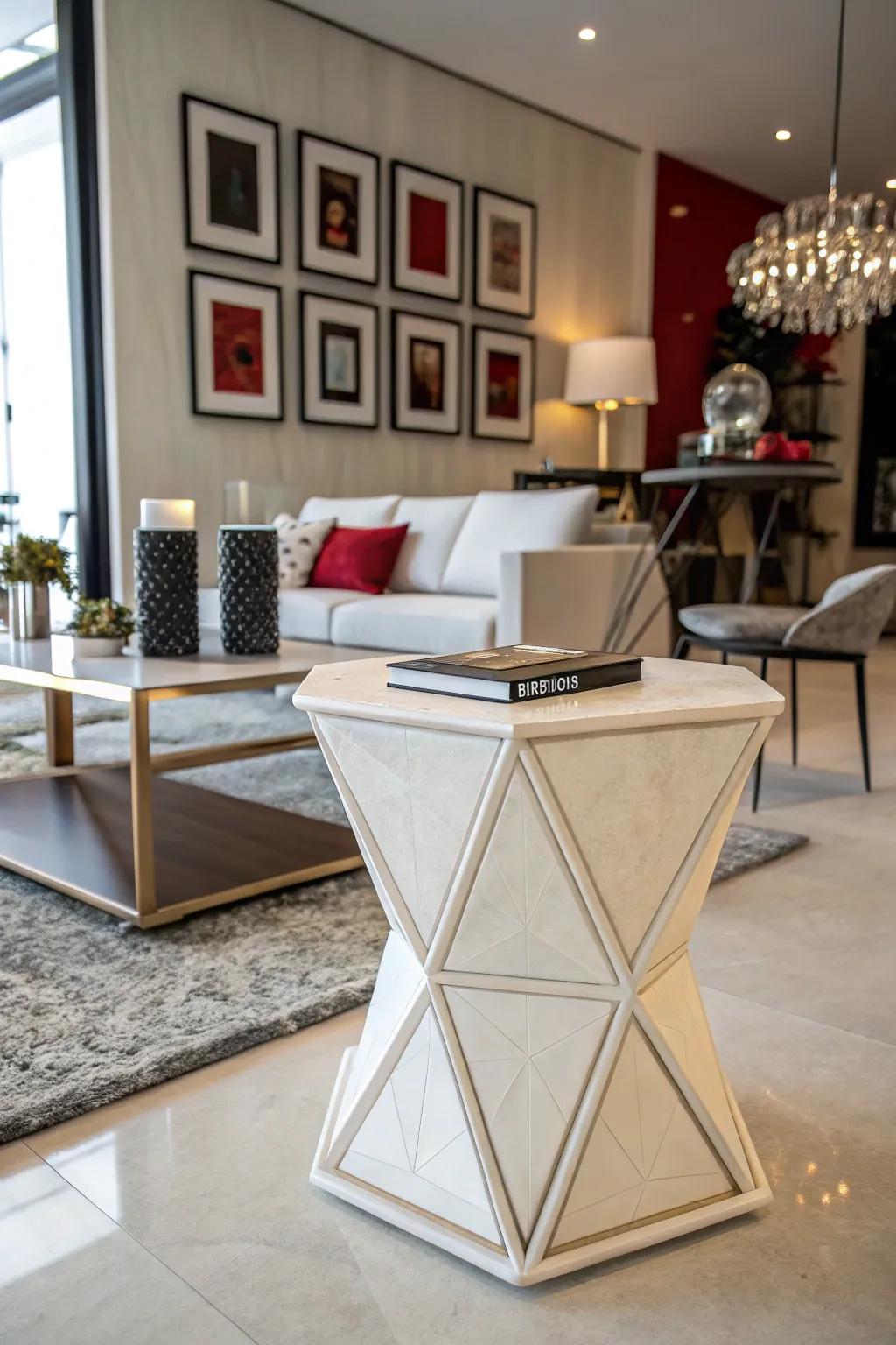 Geometric shapes add a modern twist to side tables.