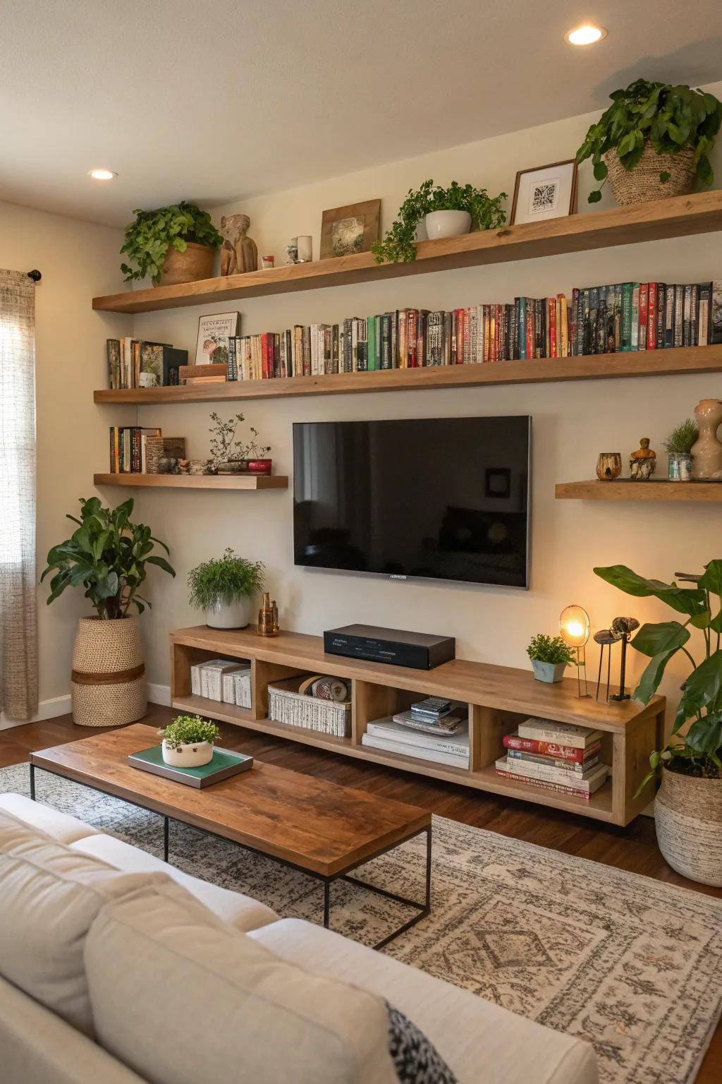 Floating shelves provide storage without overwhelming the space.