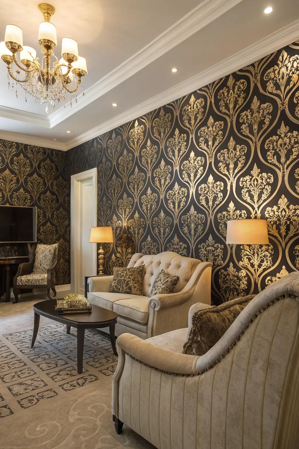 Intricate black and gold wallpaper adding sophistication.