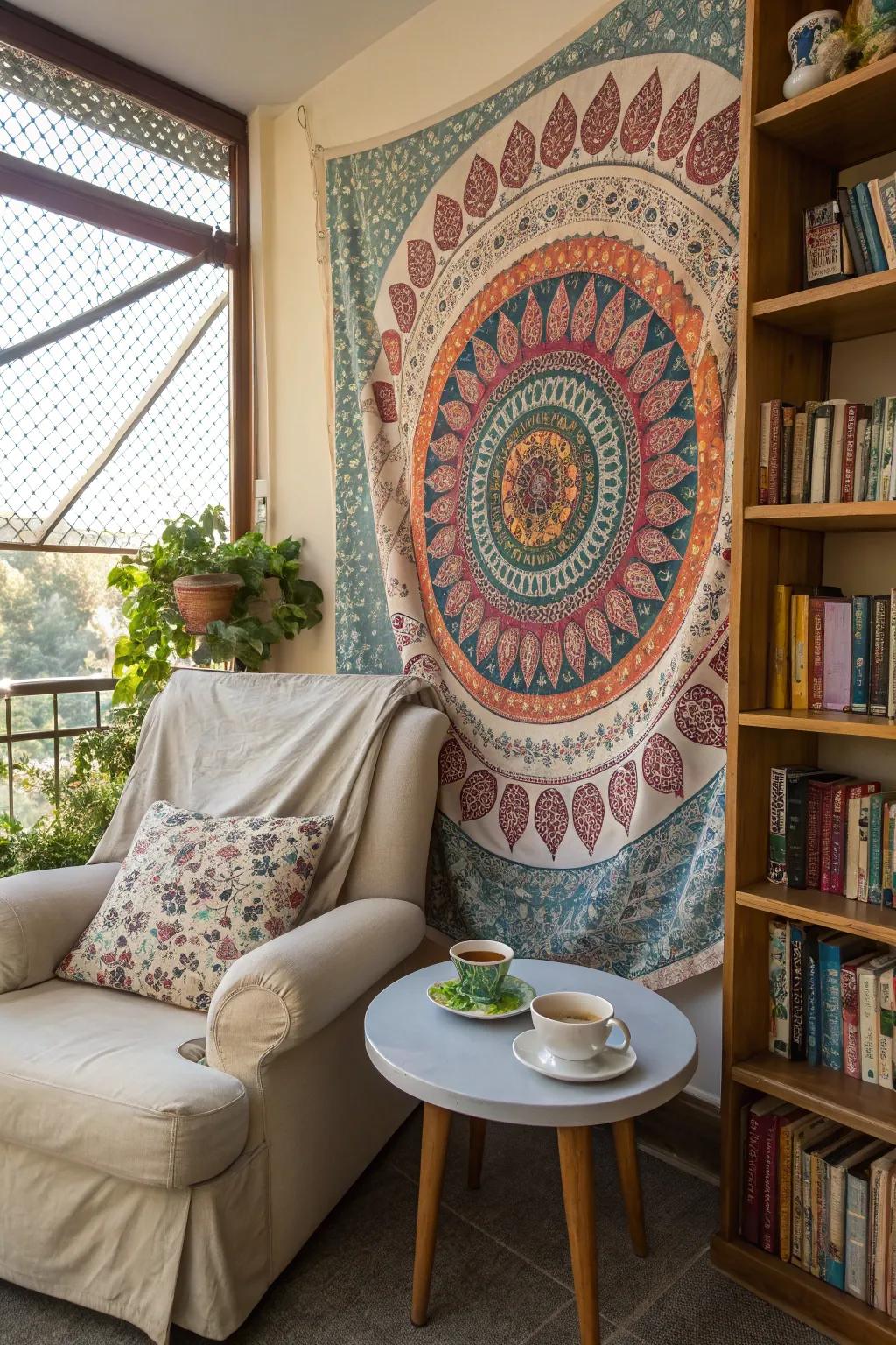 A pattern wall hanging creating a cozy setting in a reading nook.