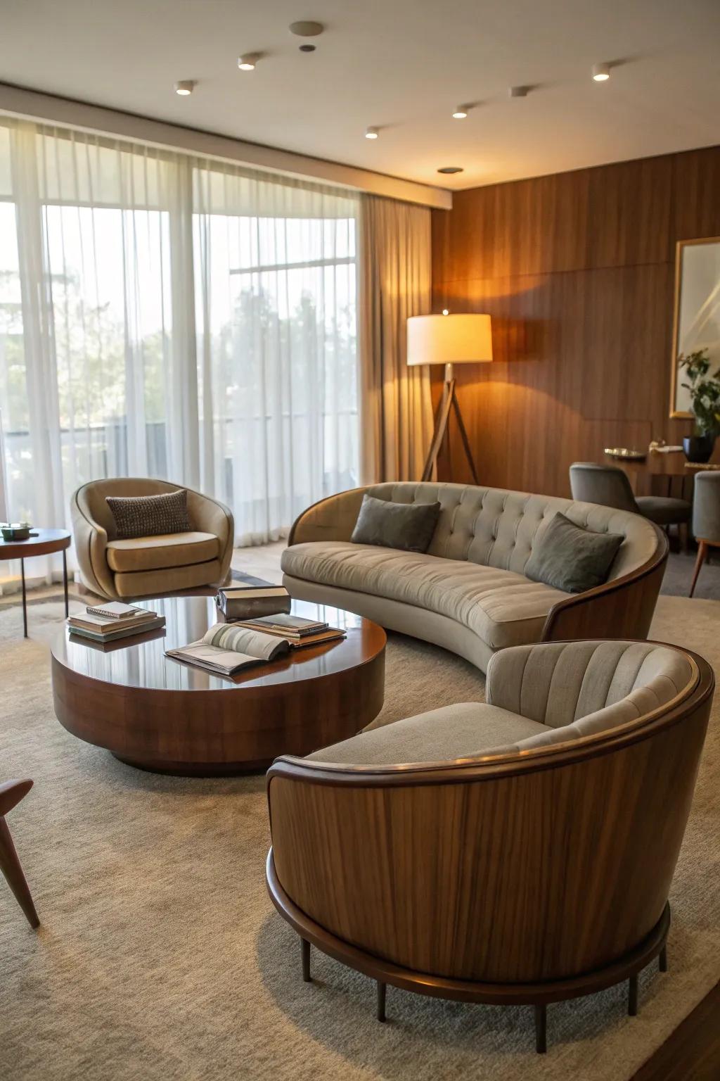 Curved furniture adds softness and comfort to this mid-century modern living room.