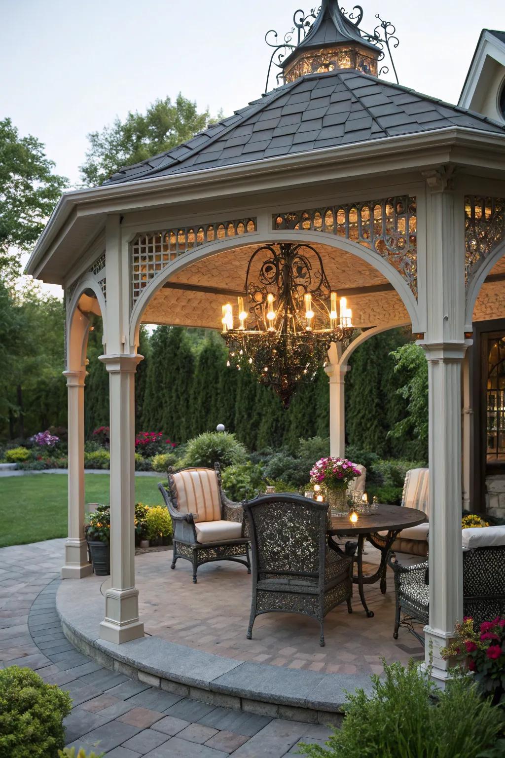 A house-like gazebo with a chandelier offering a luxurious outdoor experience.