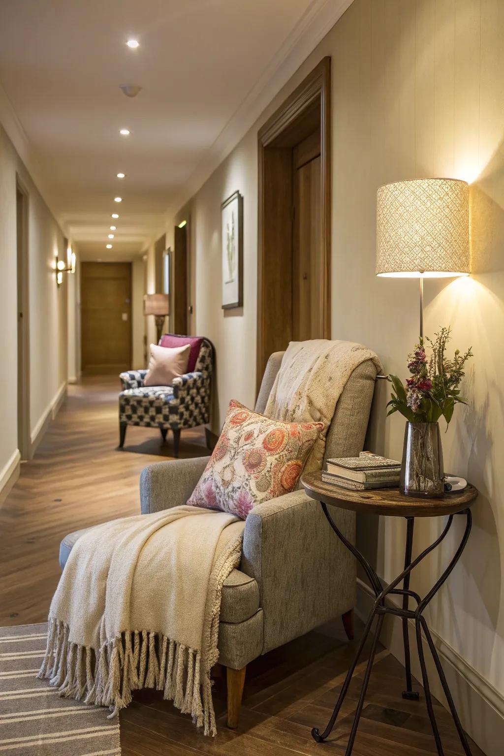 A seating area renders the hallway welcoming and comfortable.