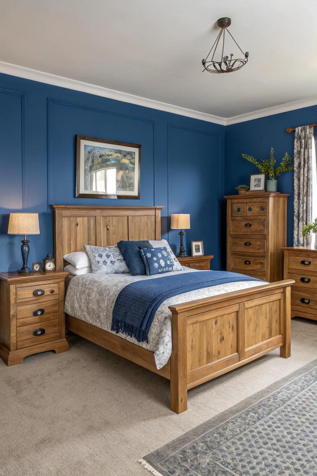 Wooden accents add warmth and coziness to the royal blue-themed bedroom.