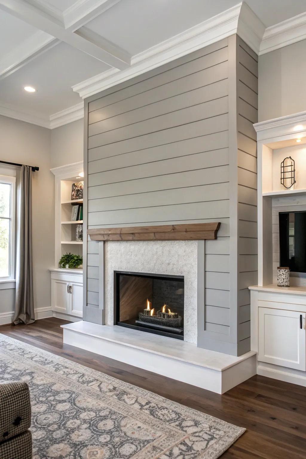 A monochromatic shiplap fireplace in a modern living area.