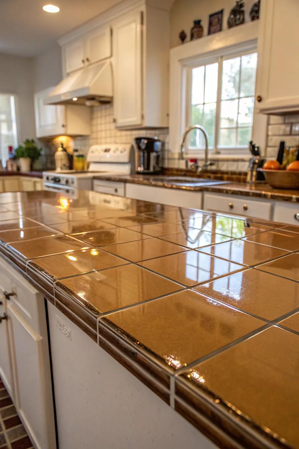 Glazed tiles add a glossy, light-reflecting touch to this kitchen.