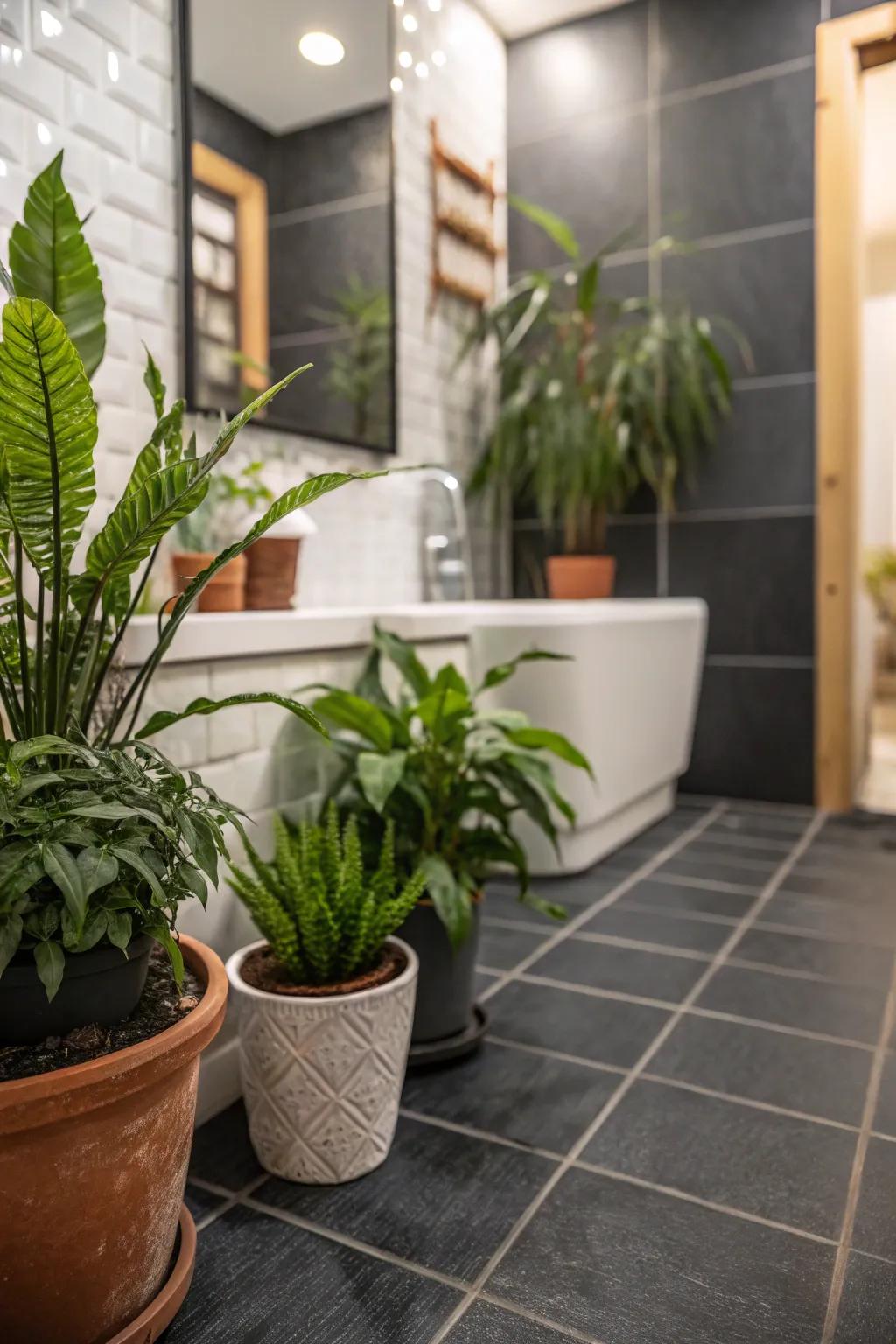 Organic accents bring life and color to moody bathrooms.