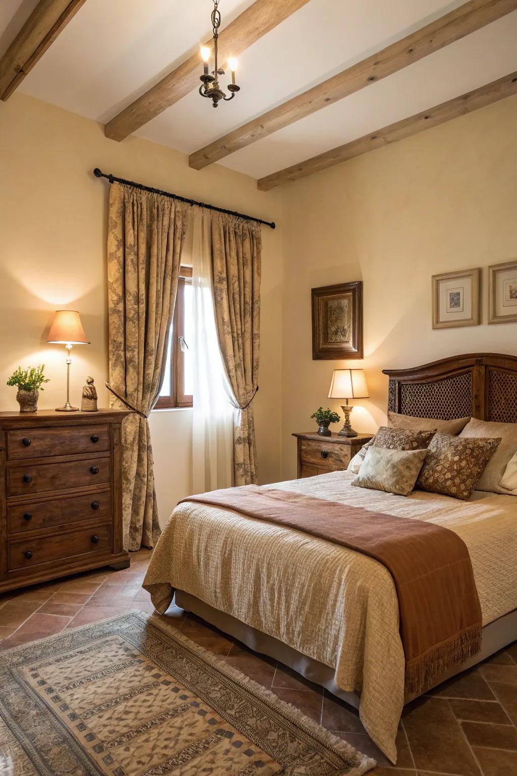 A bedroom with natural-shade decor and furnishings.