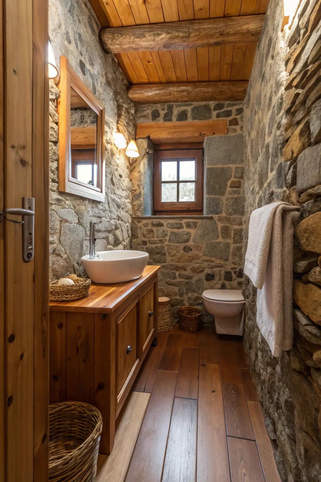Blending materials and textures brings warmth to compact bathroom designs.