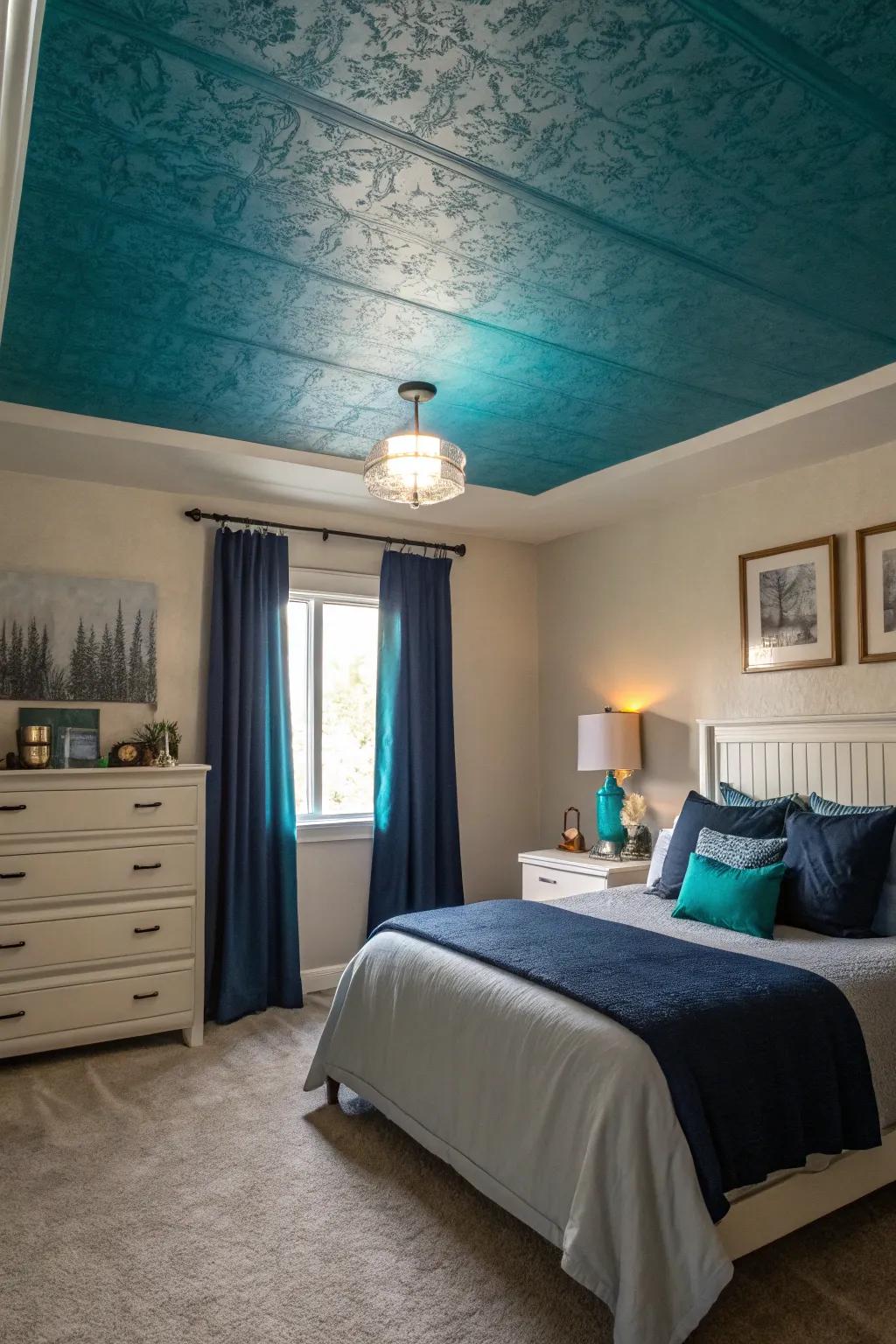 A teal ceiling fosters an atmosphere that is enveloping and inviting.