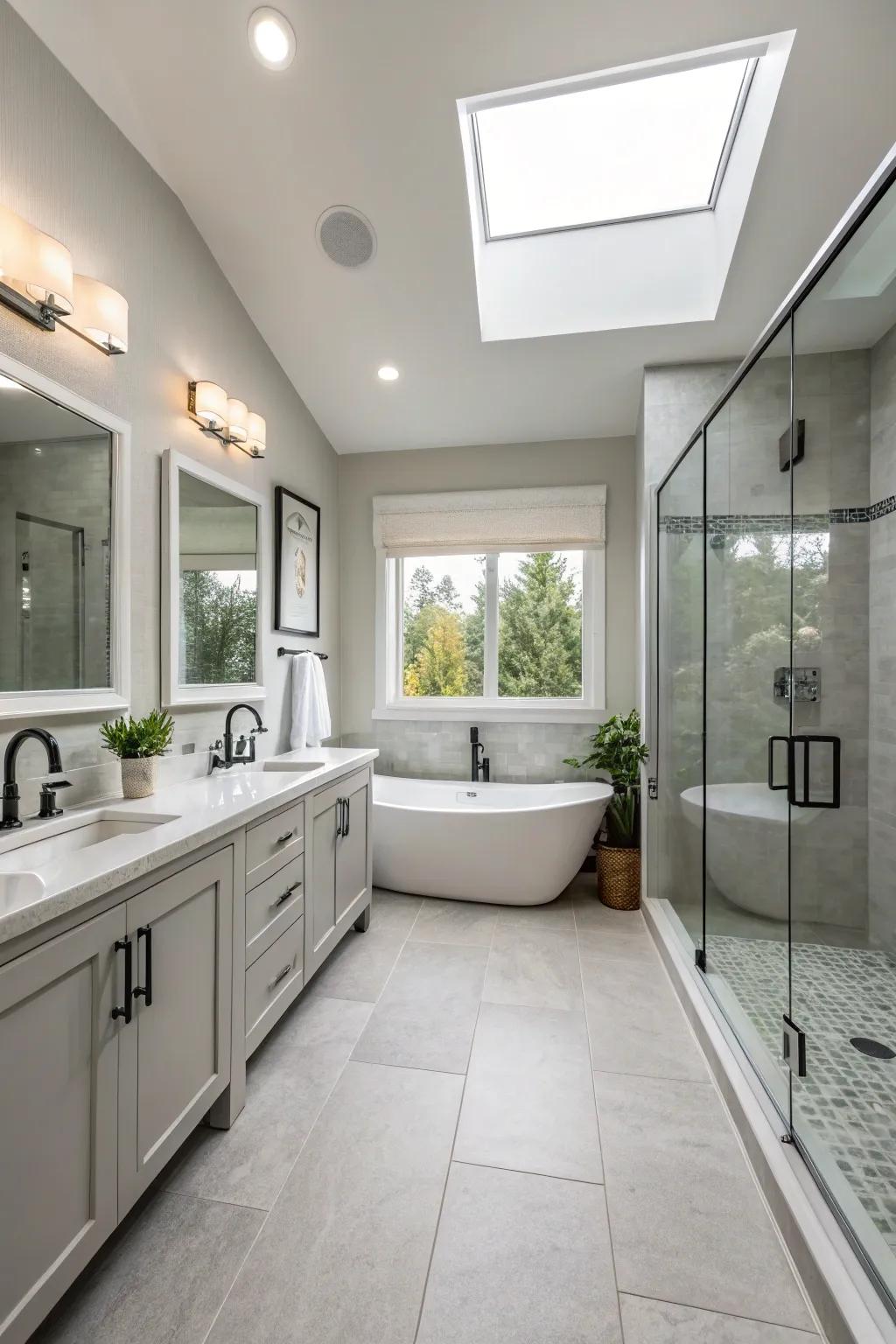 Symmetrical design brings balance to this neutral bathroom.