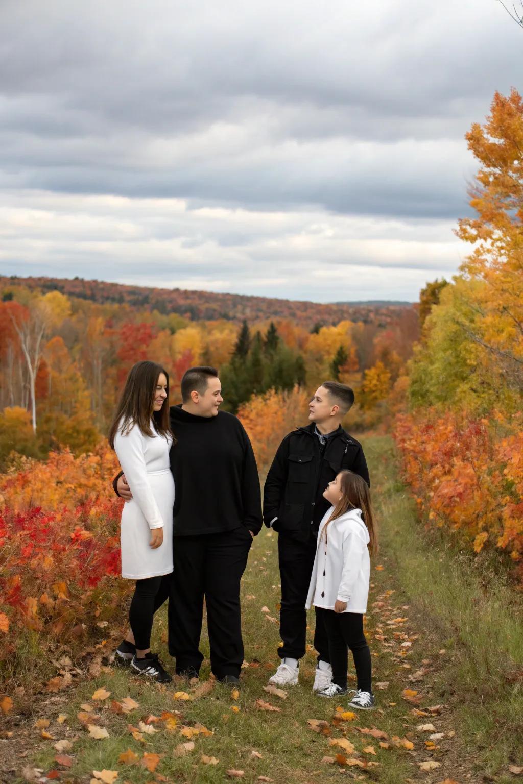 Monochrome outfits create a sleek and sophisticated family photo.