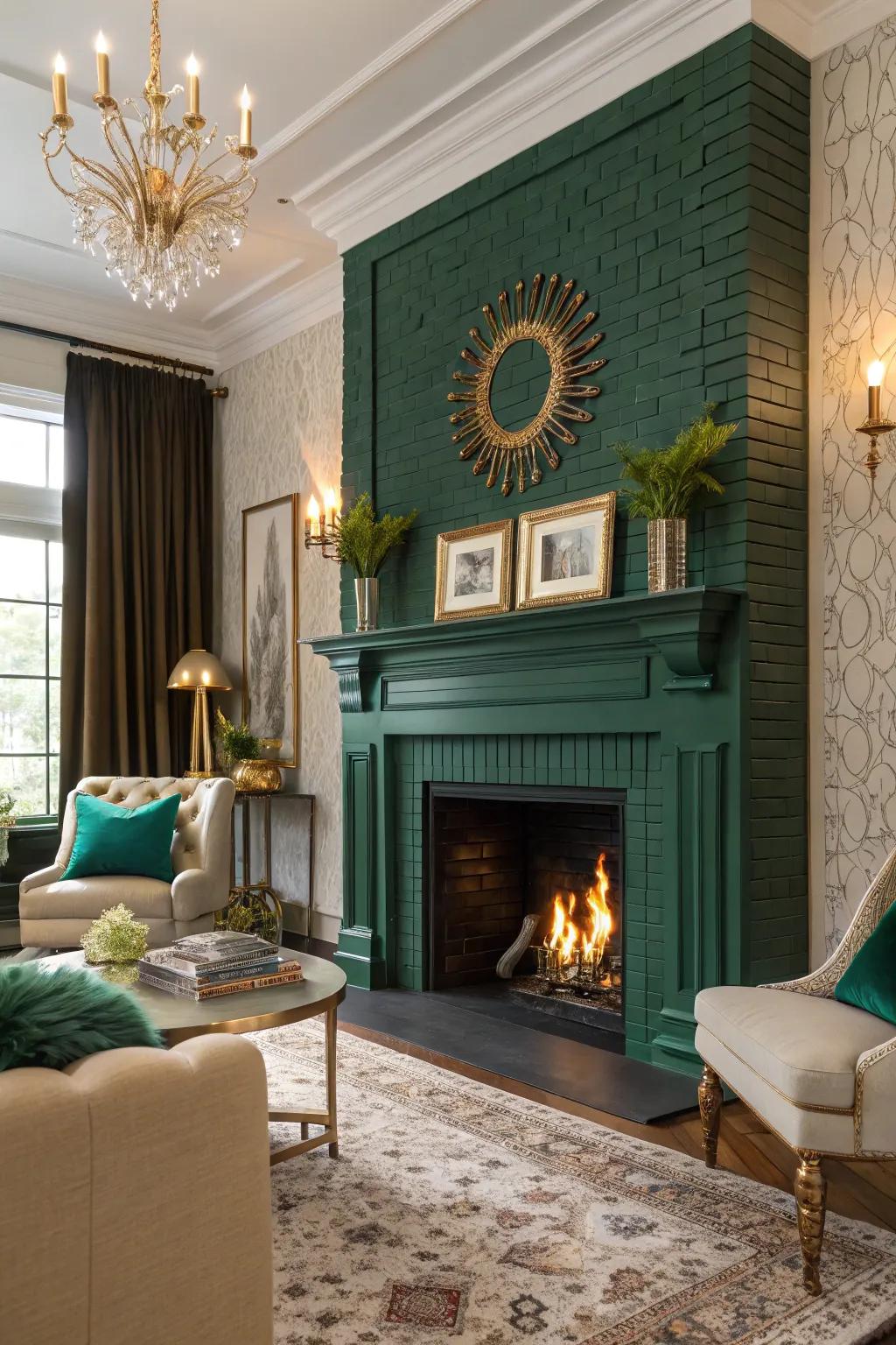 An emerald green-painted fireplace adds elegance.