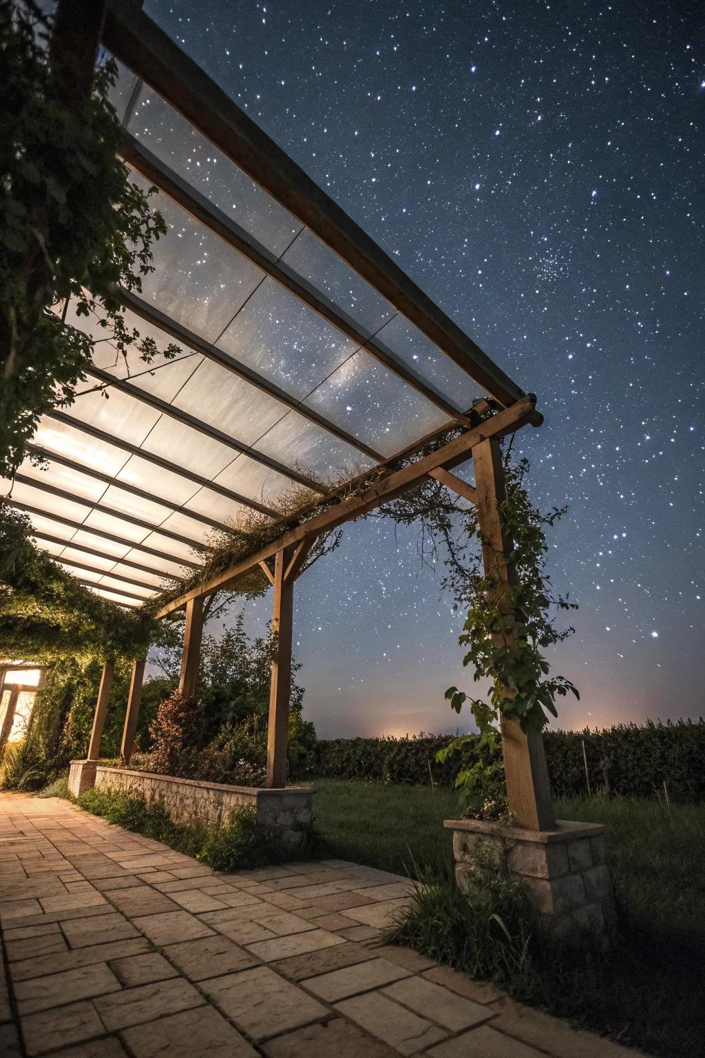 A transparent roof provides an unobstructed view of the night sky.