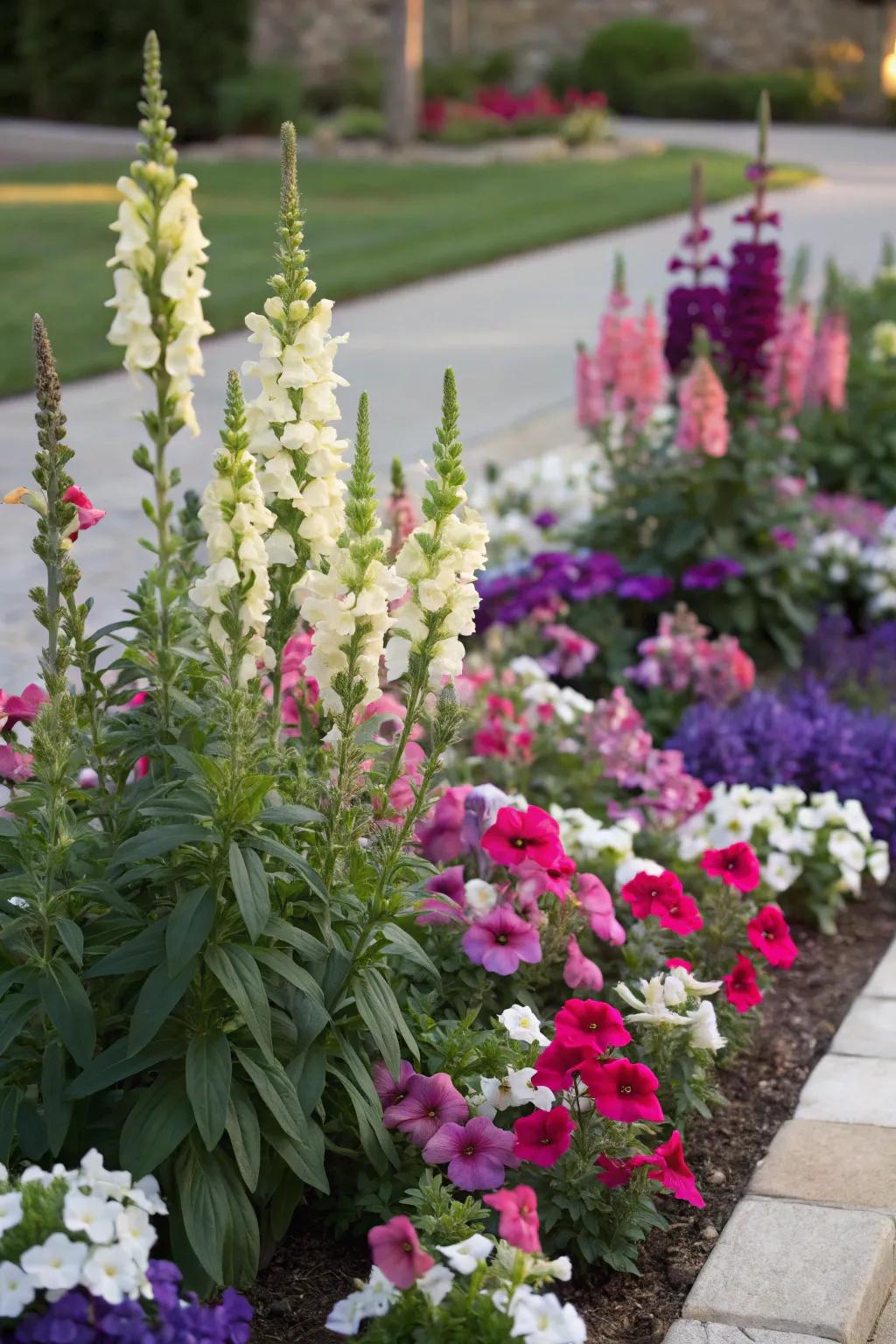 Vivid spires infuse a vertical splatter of hue into petunia gardens.