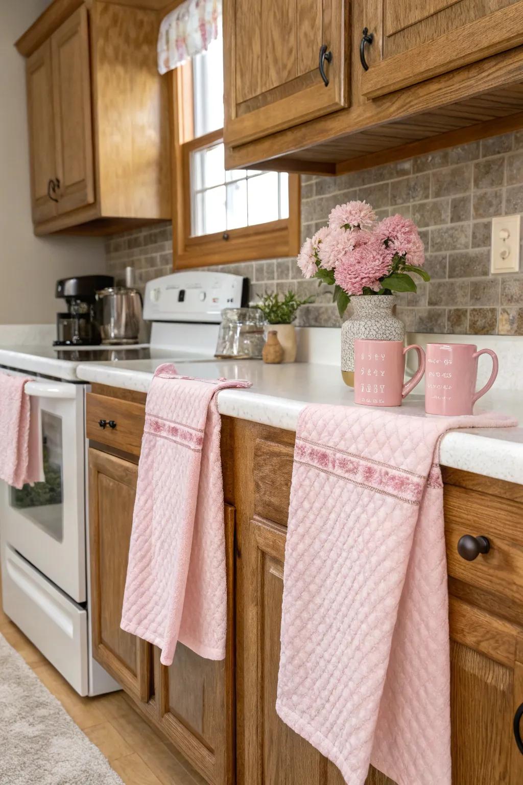 Rosy features bring festive cheer to the kitchen.
