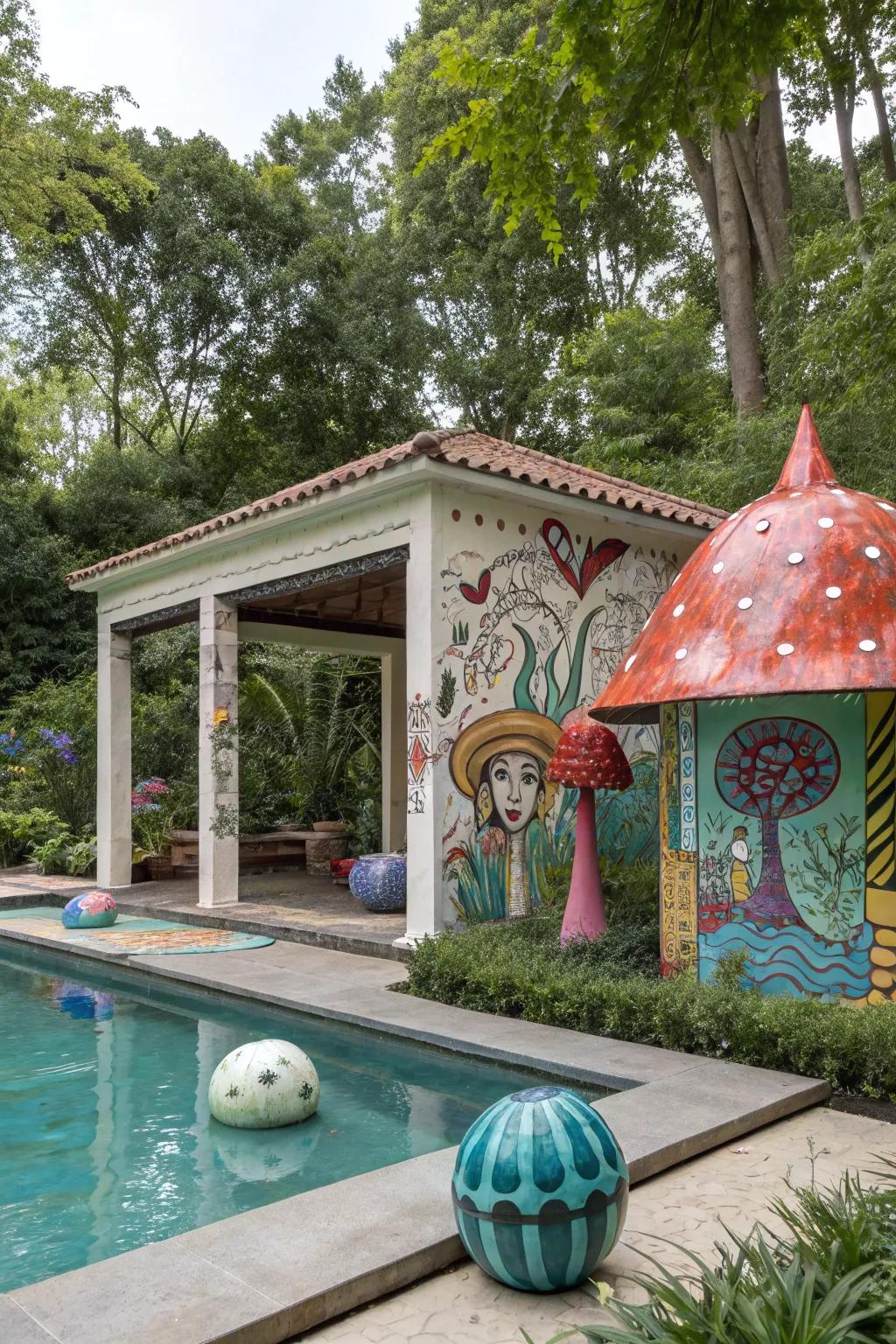 An artistic retreat cabana with vibrant decor and unique sculptures.