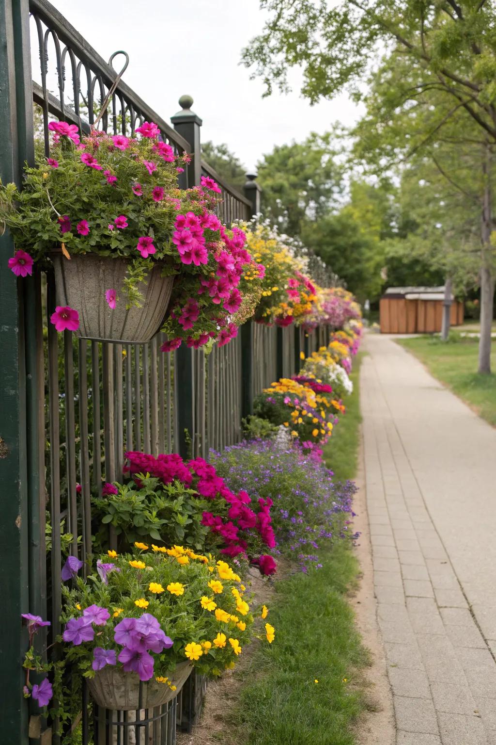 Vertical gardens on fences maximize greenery and space.