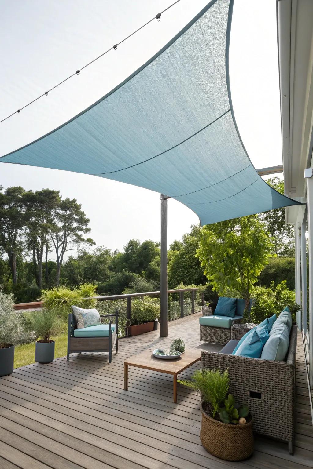 A chic shade sail offers overhead solitude and style on a deck.