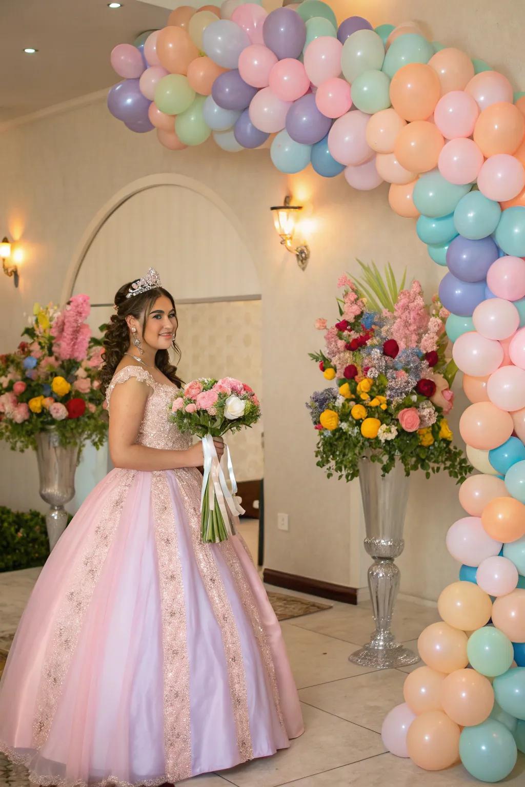 Balloons and botanicals construct a flourishing, sentimental aesthetic.