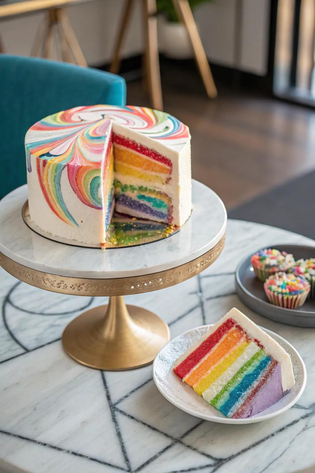 The spectrum swirl confection is a delightful visual treat.