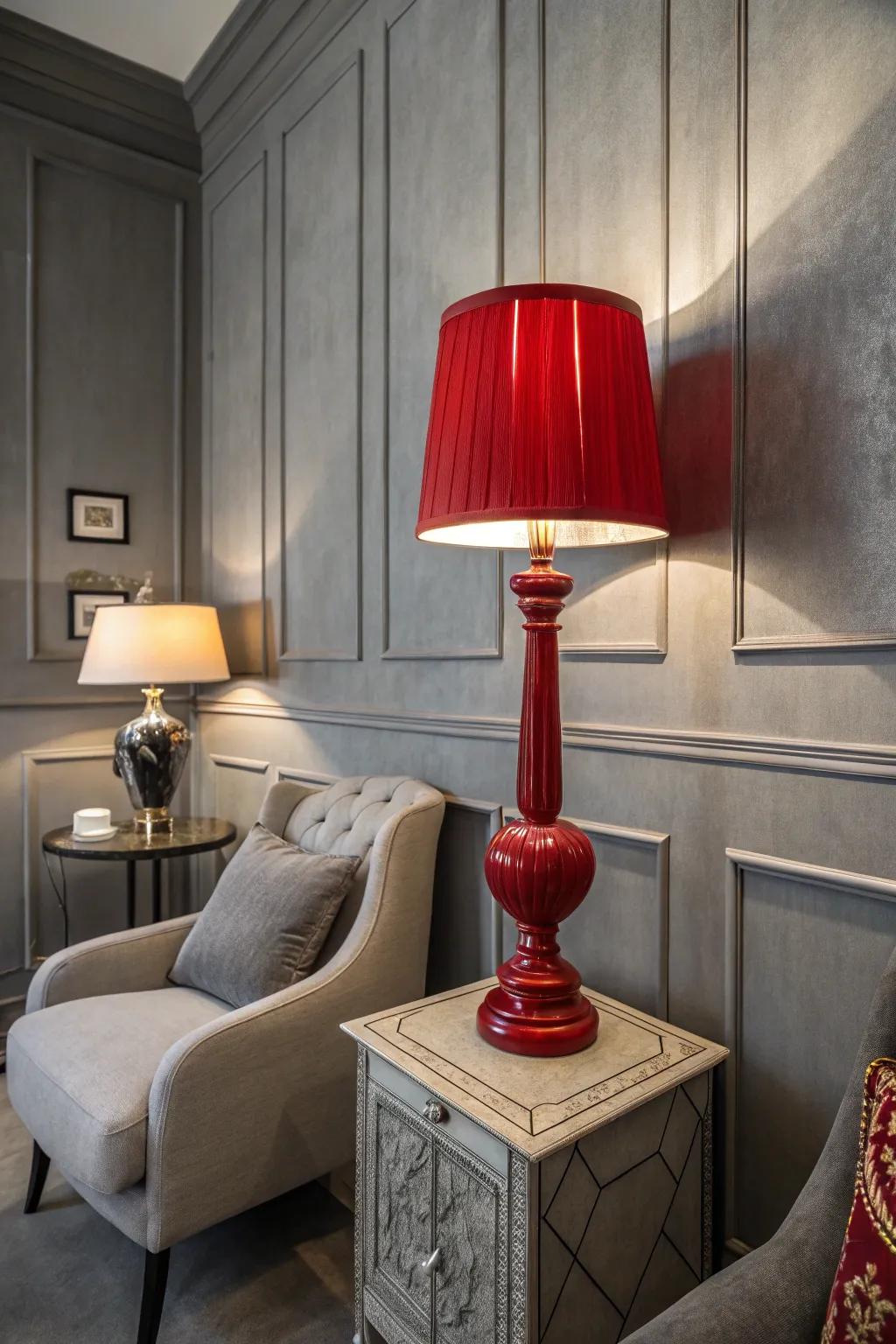 A scarlet lamp introduces flair to a silver-toned room.