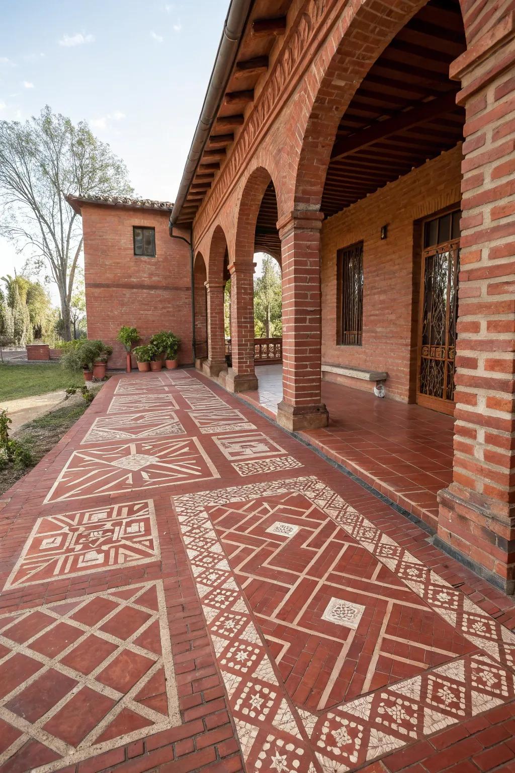 A red brick patio displaying eye-catching geometric designs