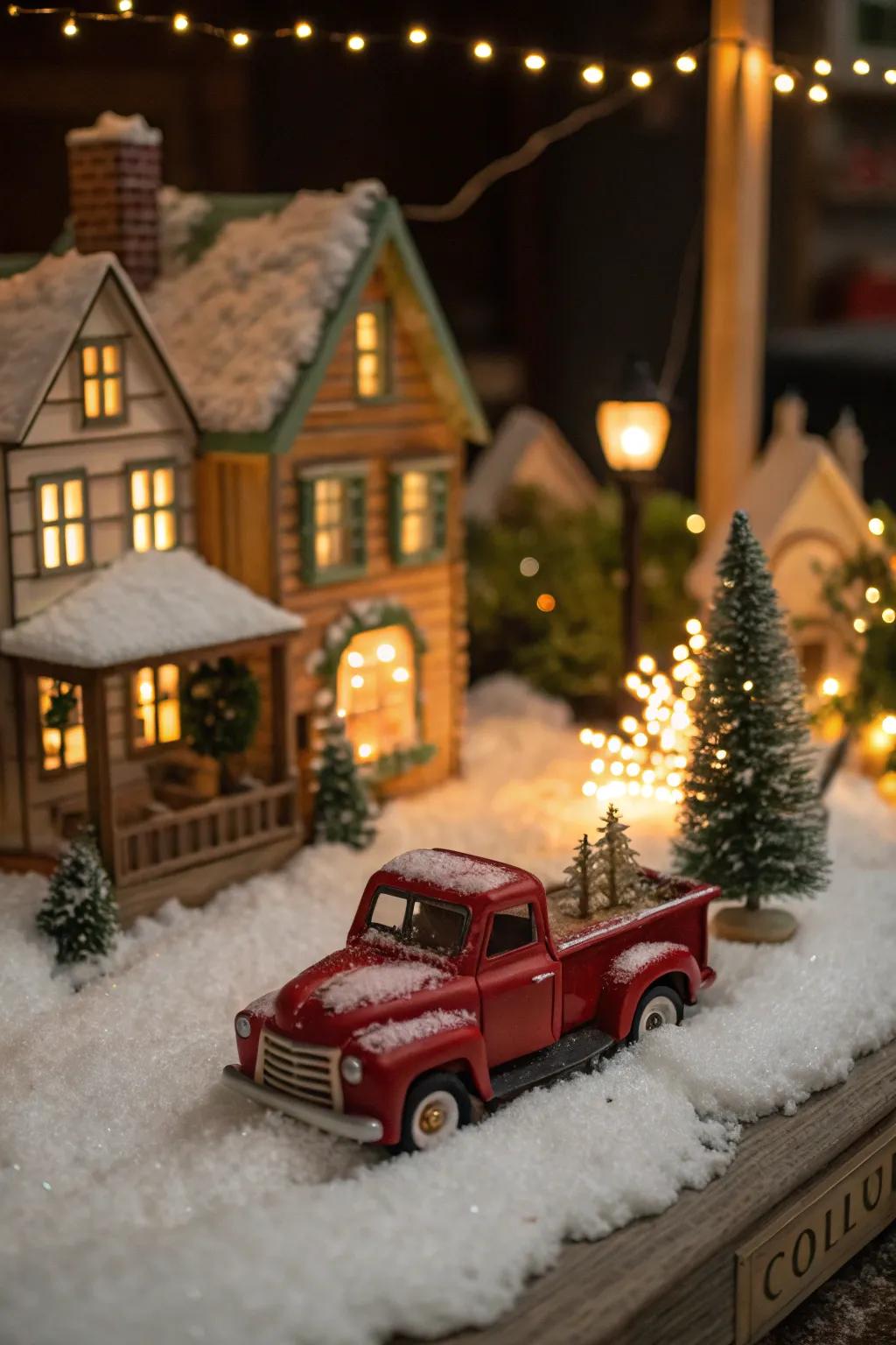 Nostalgic holiday village featuring a scarlet pickup.