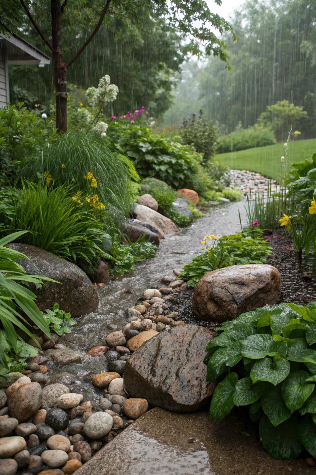 Unite sustainability and elegance using a rain garden adorned with river rocks.